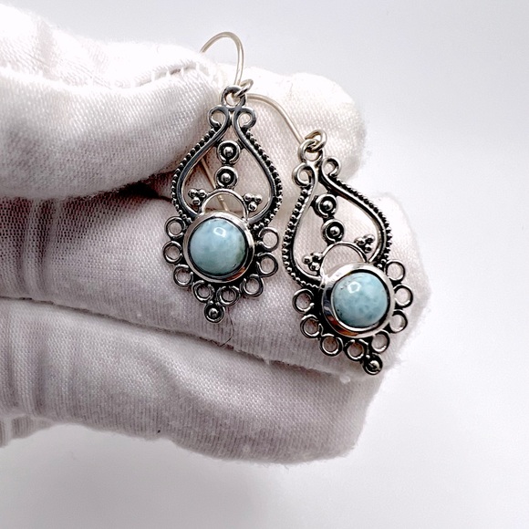 Natural Larimar .925 Sterling Silver Dangle Earrings - Picture 7 of 17